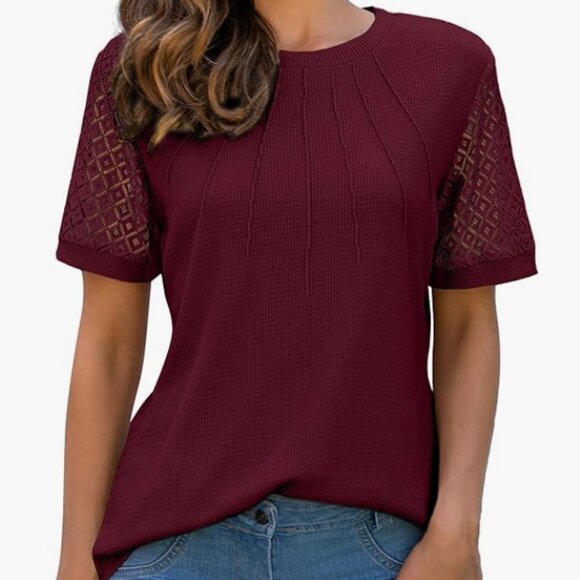 Blusa Tejida con Mangas de Encaje (Burgundy Waffle Knit Top with Lace Sleeves) - Picture 7 of 7